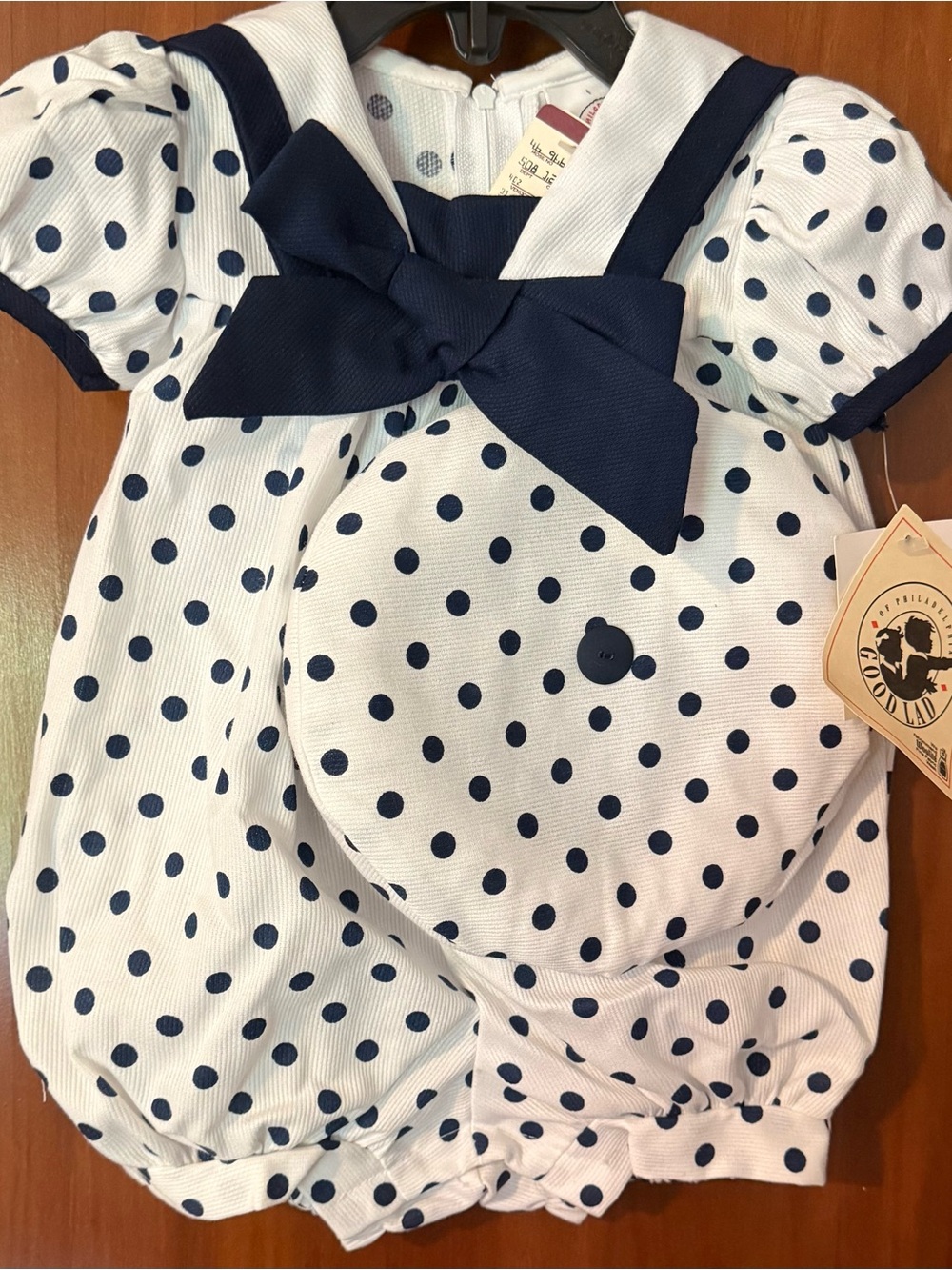 Good Lad Vintage Navy Blue Polka Dot Nautical Sailor Romper W/Hat 6/9 mo NOS